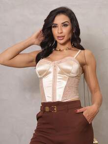 Cropped Corset With Front Opening And Closure, Simple Lace Corset For Evening Wear. - 香檳色 - 查看 1