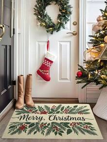1PC Merry Christmas Doormat With Festive Greenery Design Holiday Indoor Outdoor Entrance Rug Non Slip Floor Mat For Home Decorations Christmas Party Decoration
