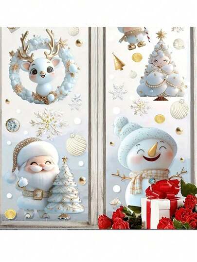 9 Reusable Christmas Window Stickers With Snowman, Santa Claus, Elk, Christmas Tree And Snowflake Designs, Suitable For Holiday Decorations, Christmas Decorations, Window Glass Decorations, New Year Celebrations, Birthday Holiday Party Decorations, Christmas, Valentine's Day, Baptism, Theme Parties, Housewarming Gifts, Party Favors