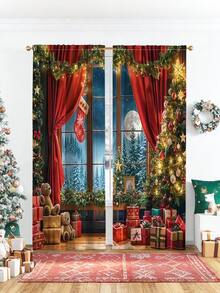 2PCS Christmas-Themed Brushed Fabric Digital Print Curtains, Luxurious Warm And Playful Style Design With Red Curtains, Moonlit Snowy Forest Window, Christmas Tree, Teddy Bears And Gift Piles, Rod Pocket Installation, Semi-Transparent Polyester Fiber Material, Suitable For Living Room, Kitchen, Bedroom, Dining Room, Filling Your Home With Festive Atmosphere - Multicolor - View 13