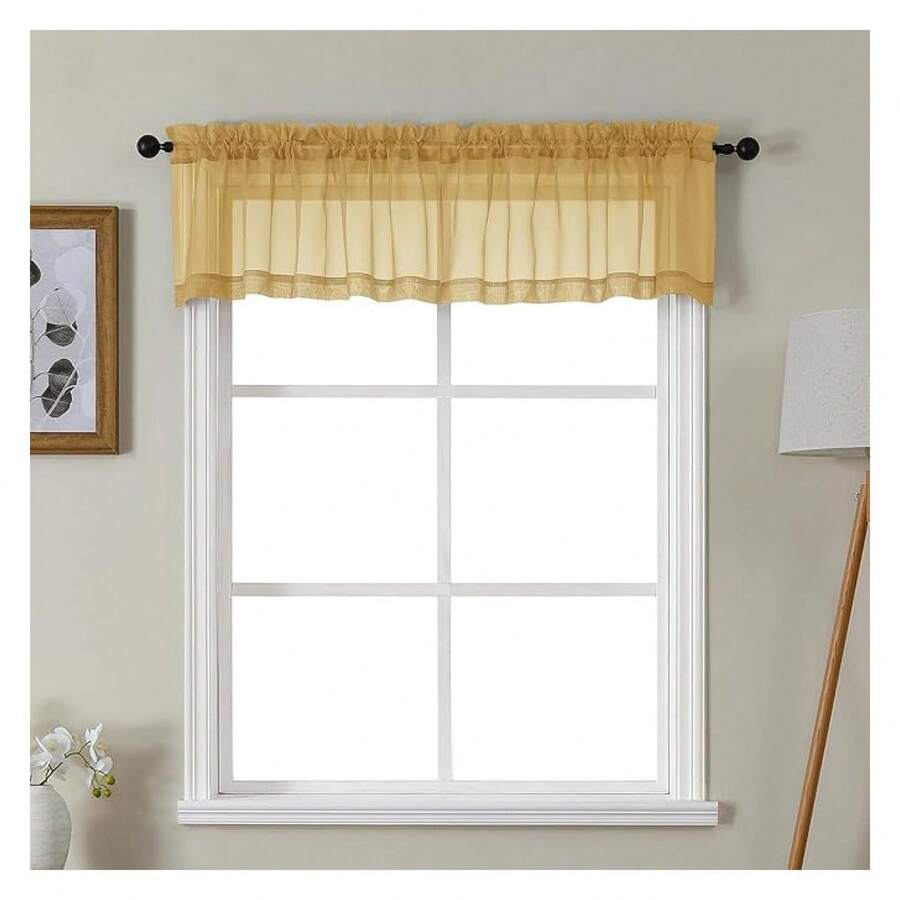 Gold Valances For Windows, Small Light Filtering Rod Pocket Cafe Valance Curtains, Soft Sheer Curtain For BathroomBasement, 42Wx14L Inch, 2 - Multicolor 127 - View 1