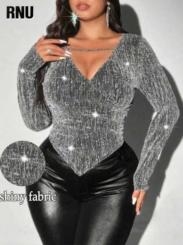 RNU Vestido elegante de tela metálica brillante para mujer de talla grande de RNU, diseño de escote en V, bajo asimétrico, fruncido en la cintura, cintura ceñida, nueva llegada de otoño/invierno, adecuado para conciertos, salidas de moda, atuendo de invitada de boda, fiesta, cita nocturna, Navidad, Año Nuevo, cumpleaños