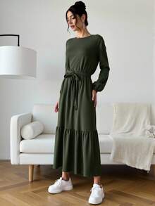 Women's Solid Color Ruffle Hem, Tie Waist, Modest Round Neck Long Sleeve Ruffle Maxi Dress - Green - View 3
