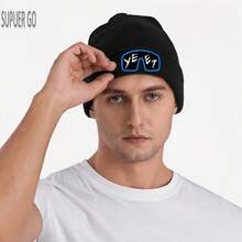 1 Piece YEET Logo Knitted Hat, Unisex - Black Winter Warm Hat With White And Blue YEET Text And Glasses Pattern, Soft Cold Weather Head Cover, Christmas And New Year Gift For Men And Women Casual Accessories (YEET Brand Design) - 黑色 - 查看 8
