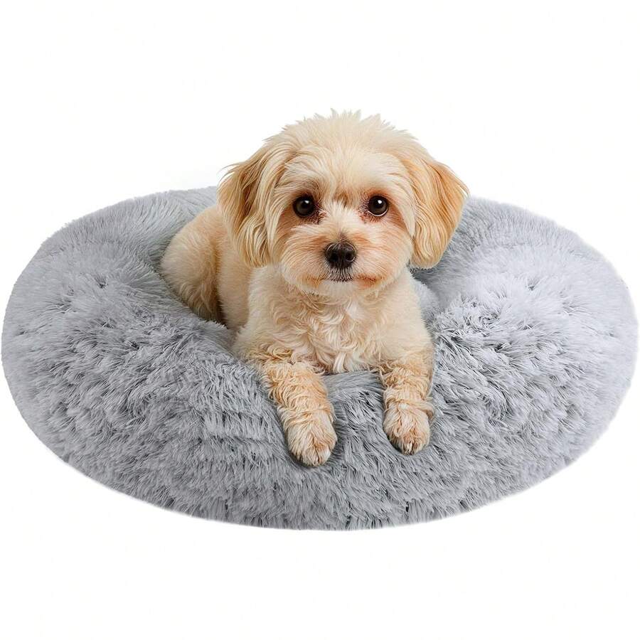 Small Dog & Cat Beds For Indoor Cats, Donut Cuddler Warming Soft Dog Beds With Anti-Slip Bottom, Round Calming Fluffy Plush Faux Fur Cushion Bed For Small Medium Dogs (20", Smoke Grey) - 藏蓝色 - 查看 1