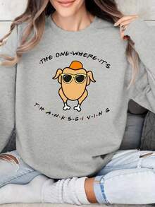 Women's Casual Long Sleeve Sweatshirt, Tom Turkey Thanksgiving Graphic, Knit Polyester, Round Neck, Cartoon Print, Loose Fit, Spring/Autumn Fashion - Màu Xám nhạt - Xem 1