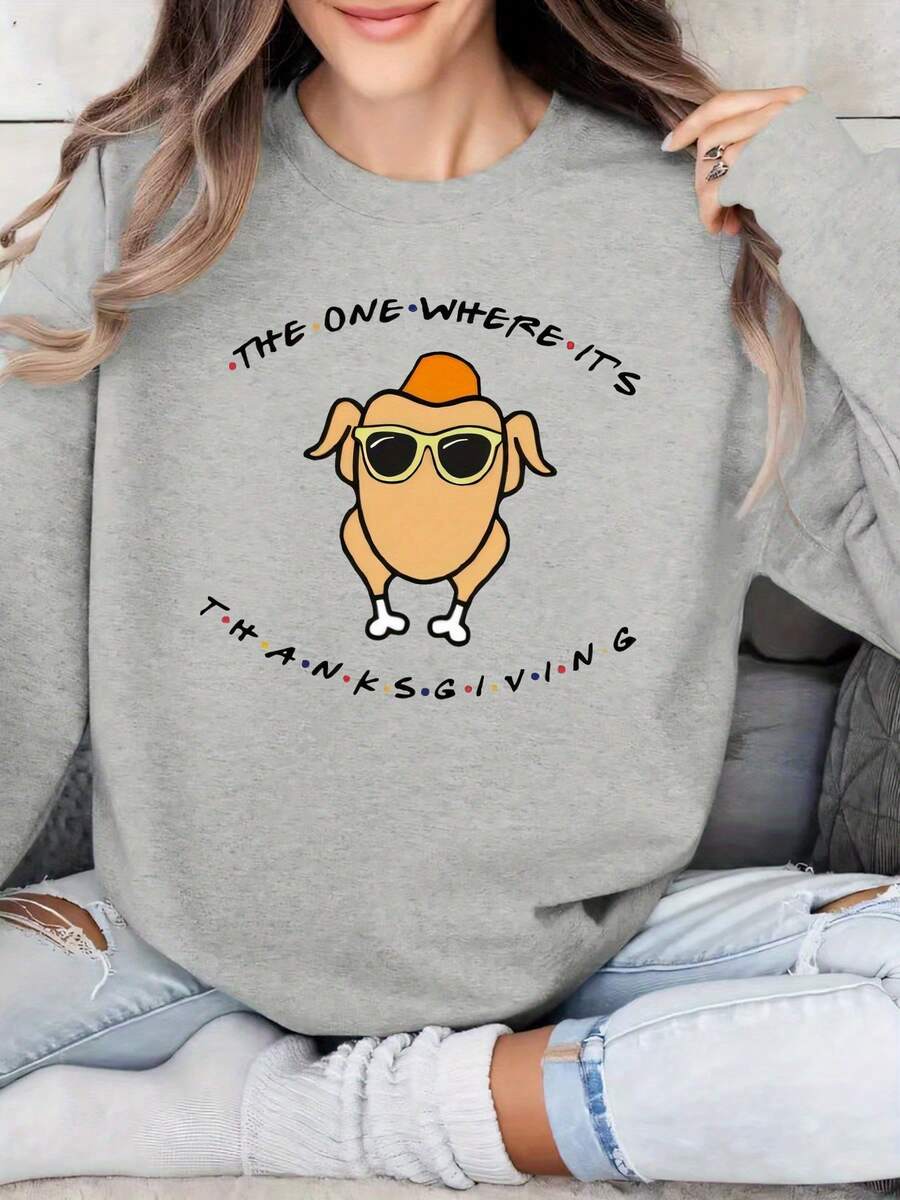 Women's Casual Long Sleeve Sweatshirt, Tom Turkey Thanksgiving Graphic, Knit Polyester, Round Neck, Cartoon Print, Loose Fit, Spring/Autumn Fashion - Màu Xám nhạt - Xem 1