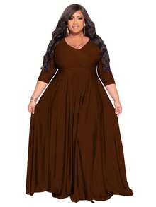 大码女式V领收腰纯色连衣裙 - 棕色 - 查看 3