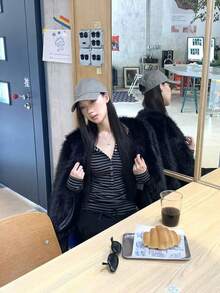 女士新款条纹长袖打底T恤，修身小众设计上衣 - 黑灰條紋 - 查看 7