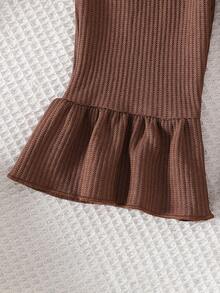 女婴时尚可爱彼得潘领手工花卉条纹运动衫和棕色松紧腰针织喇叭裤套装，秋冬 - 咖啡棕 - 查看 8