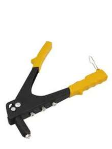 Remachadora  de 9 pulgadas, fabricada con cuerpo metálico resistente y mangos ergonómicos para un agarre cómodo. Diseñada para colocar remaches de diferentes tamaños en lámina, aluminio, metal o plástico. Ideal para trabajos de mantenimiento, construcción ligera y ensamble. Su sistema de palanca ofrece mayor fuerza con menor esfuerzo, garantizando un uso eficiente y duradero. Herramienta confiable para talleres y uso doméstico. - Amarillo - Ver 4