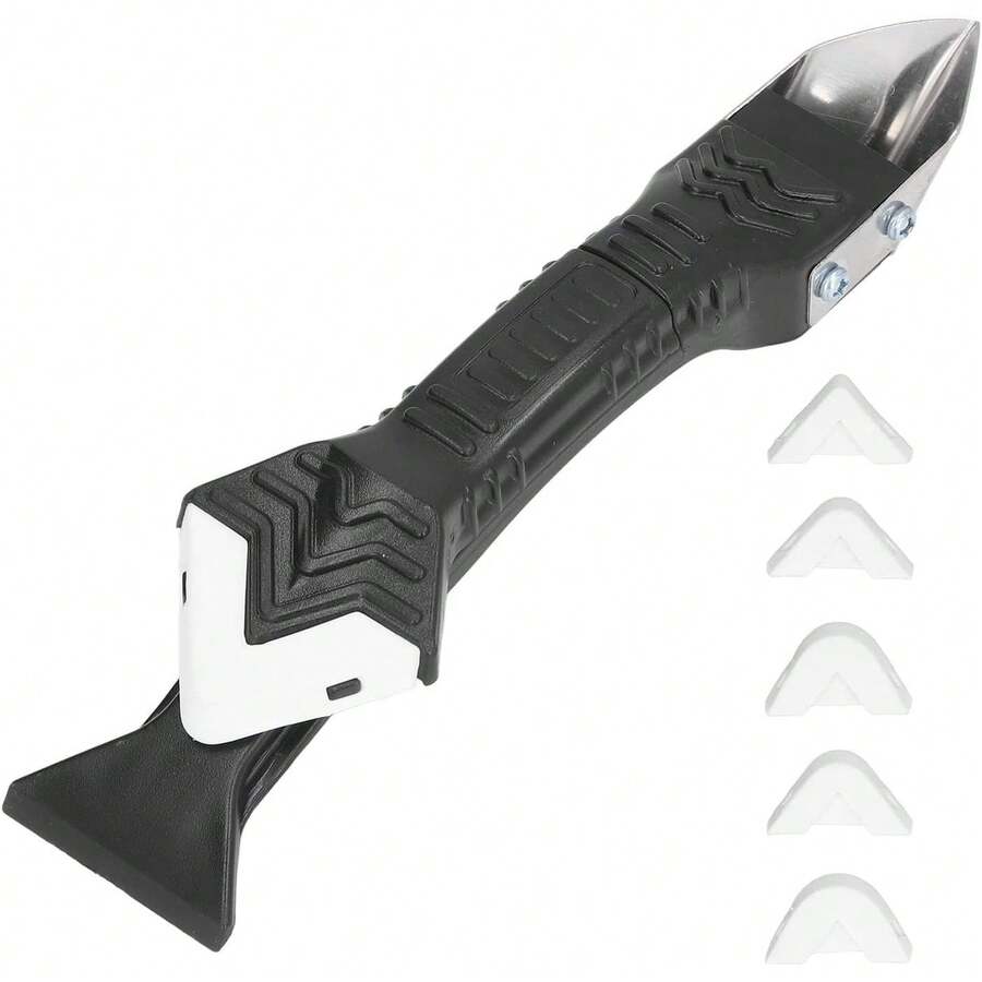 Raspador de Paleta de Silicona, Herramientas de Calafateo de Silicona 3 en 1 Removedor de Calafateo de Cabeza de Acero Inoxidable Raspador de ángulo de Pegamento de Vidrio con 5 Piezas Pistolas de Cal - 1 - Ver 1