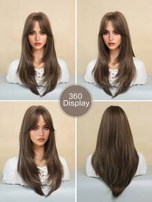 Elegant-24 Inch Layered Brown Highlights Wigs For Women,Long Straight Wigs With Curtain Bangs, High Density Fluffy Synthetic Heat Resistant Fiber Hair Wig For Daily Party Wear, Music Festival Party Use - 挑染棕色 - 查看 6