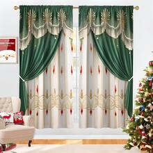 2pcs Fresh European Green And White Patterns Through The Rod Machine Washable And Hand Washable Polyester Fiber Material Curtains Suitable For Festival Decor Home Decor Bedroom Decor Kitchen Docor