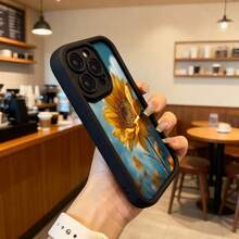 Cubierta de teléfono con borde negro diseño de girasol amarillo sobre cielo azul para uso diario en cafeterías y exteriores Aplicable a los teléfonos de la serie Apple y Galaxy - Café integral - Ver 6