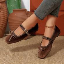 精致仙女风玛丽珍平底鞋，新款法式优雅绑带方头蝴蝶结装饰套脚鞋，芭蕾平底鞋 - 棕色 - 查看 3