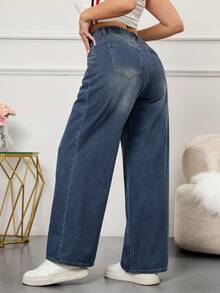 Blue Vintage Denim Pocket Plus-Size Wide-Leg Boyfriend Jeans Casual Outfit For Women High-Waisted Straight Long Pants For Summer