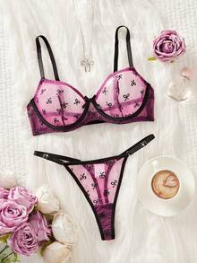 Bow Embroidery Pattern Ultra-Thin Lavender Sexy Women Lingerie Set - Multicolor - View 4