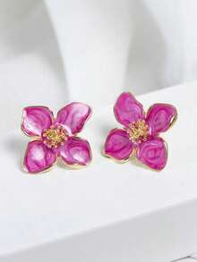 1pair Colorful Oil Drip Four-Petal Flower Shaped Dopamine Stud Earrings Women, Simple & Sweet Daily Accessory, Vacation Valentines,Mom,Mother,Mother's Day, - 粉色 - 查看 2