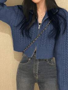 女士休闲长袖拉链短款针织开衫，秋冬 - 藏蓝色 - 查看 3