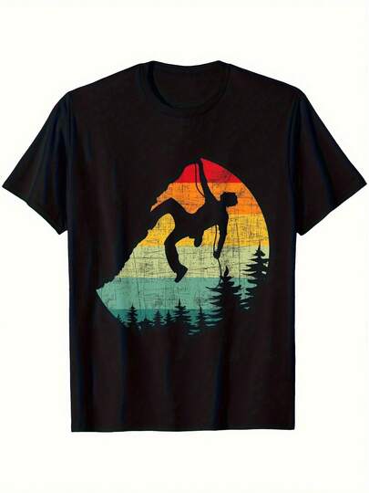 Camiseta Vintage para Hombre - Algodón Suave y Transpirable con Gráfico de Escalador Retro y Atardecer en Montaña - Camiseta Negra para Aventuras al Aire Libre, Gimnasio, Senderismo y Escalada - Ropa Casual Todo Temporada, Equipo de Escalada, Prenda Lavable a Máquina, Manga Corta, Material Duradero, Ropa Deportiva
