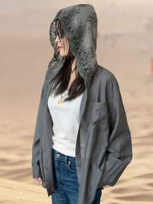 女式镂空钩针连帽长袖衬衫，宽松时尚休闲衬衫，轻薄，适合秋冬