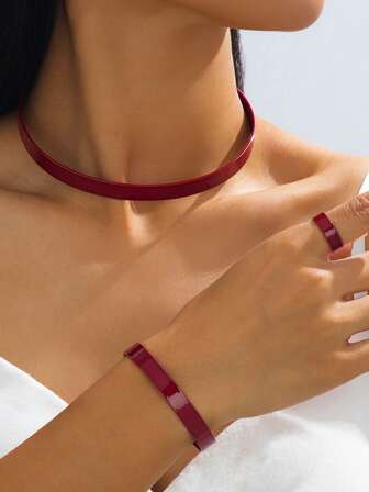 Elegant Minimalist Geometric Spray-Painted Red Glossy Adjustable Collar Bracelet Ring Jewelry Set, Suitable For Daily Wear And Parties, Gift