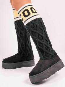 Cozy Knit High Boots With Platform Sole And Soft Suede Finish - Black - View 5