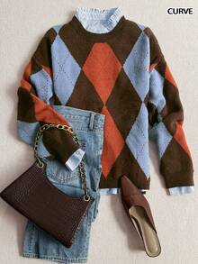 女士休闲秋冬加大码毛衣，舒适圆领，菱形图案，撞色长袖 - 彩色 - 查看 2