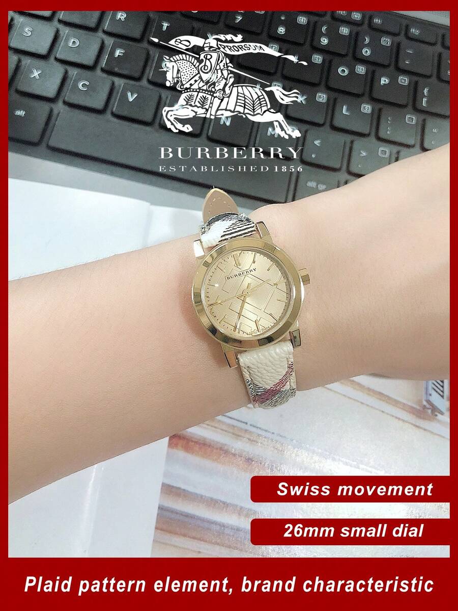 Burberry Gold Textured Dial Brown Check Patterned Leather Strap Women's Wristwatch - Gold - View 1