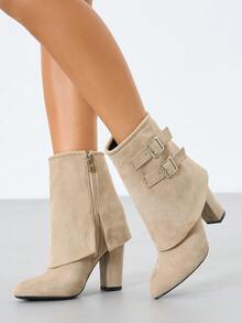 Botas de cano curto com salto grosso, modelo slip-on, em patchwork, cor sólida, confortáveis, para o trabalho ou deslocamento, coleção outono/inverno 2025. Estilo western, perfeitas para usar com calças. - Damasco - Ver 2