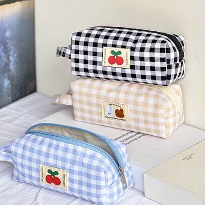 1 Peça Estojo de Lápis Xadrez Minimalista, Bolsa de Armazenamento de Papelaria Preta Criativa, Estojo de Lápis Escolar, Tecido Xadrez Trançado