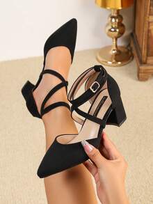 Women's Solid Color High Heel Pumps, Suitable For Commuting, Elegant, Business, Chinese Wedding, Western Wedding, New Chinese Style, Sexy Party, Fashion-Forward Party, Unisex Elegant, Graceful, PU Leather, Buckle, Criss-Cross Strap, Luxurious Fashion Women's Thick Heel Pumps, New Black Pointed Toe Hollow Shoes, Roman Style Thin Strap Bare Strap Criss-Cross Buckle Design - Black - View 4