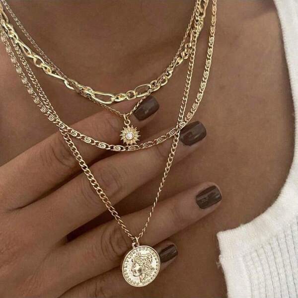 1 pieza Conjunto de collar con colgante apilable de metal vintage minimalista con moneda y retrato - Girasol incrustado con rhinestones, diseño exagerado, elegante estilo de cadena de clavícula