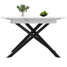 Dining Table (120-160 Cm), Extendable Dining Table, Space-Saving Kitchen Table, Black Crossed Iron Legs, For Kitchen And Living Room, White Marble Dining Table - 黑與白 - 查看 1