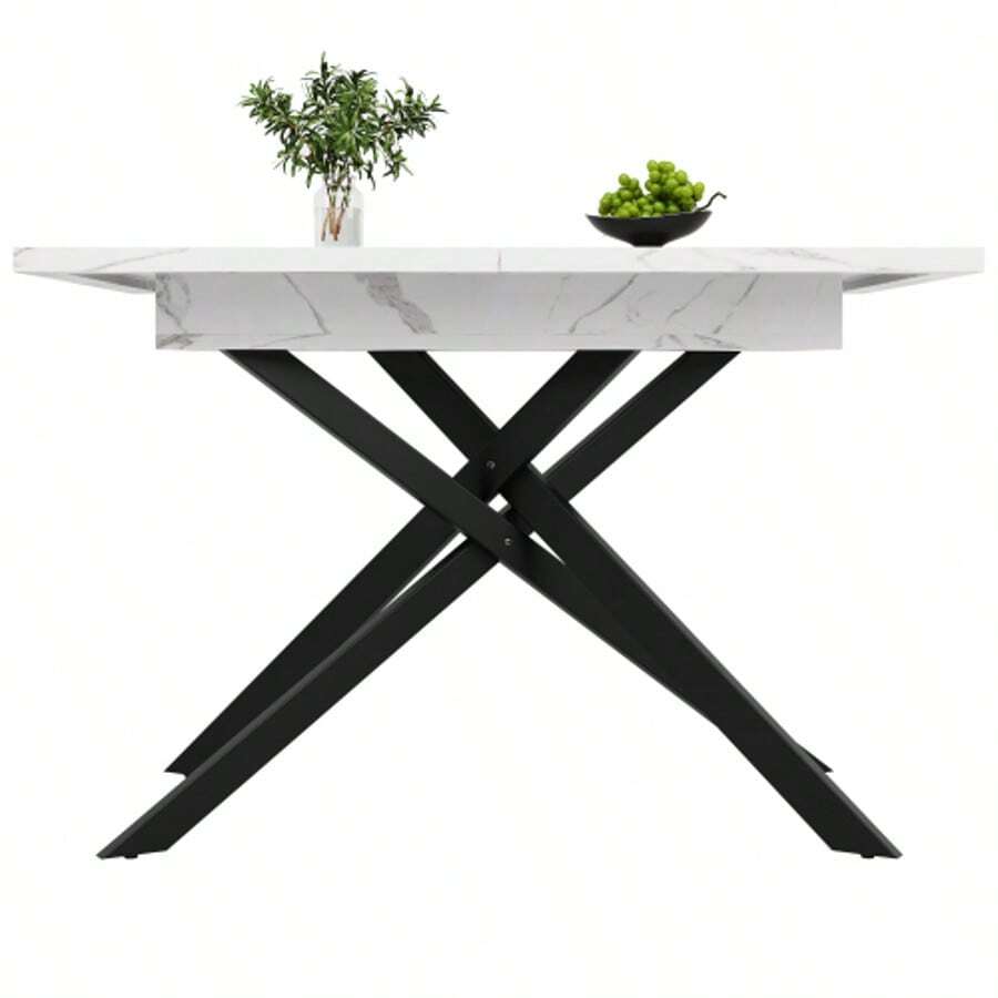 Dining Table (120-160 Cm), Extendable Dining Table, Space-Saving Kitchen Table, Black Crossed Iron Legs, For Kitchen And Living Room, White Marble Dining Table - 黑與白 - 查看 1