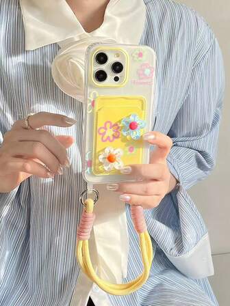 3D Färgglatt Blommigt Snoddsfodral med Korthållare, Kompatibelt med 17 Pro Max/16 Pro Max/15 Pro Max, 11 Kreativt 12 Mjukt Skal 11 Stötsäkert 14 Pro/13 Heltäckande Fodral för Kvinnor
