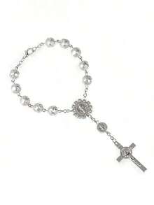 1pc Pink Rose Beaded Cross Ornament, Elegant Rearview Mirror Hanging Decor - Silver - View 5
