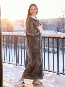 1pc Women And Men's Long Zip Up Robe Fleece Bathrobe Long Zipper Lounger Warm Housecoat Long Sleeve Nightgown With Pockets, Comfortable Flannel, A Must-Have For Halloween And Christmas, Nightgown, Warm And Cold-Proof,Flannel Warm Design, A Must-Have Warm Suit For Autumn And Winter - 彩色 - 查看 2