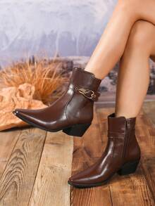 Women's Fashionable Brown Mid-Calf Boots, Autumn/Winter Chunky Heel Ankle Boots, Casual Vacation Office Metal Buckle Decor Side Zipper Square Toe Thick Heel Ladies Winter Boots, Commute Comfortable Women Ankle Boots, Western Style Party Holiday - Brown - View 3