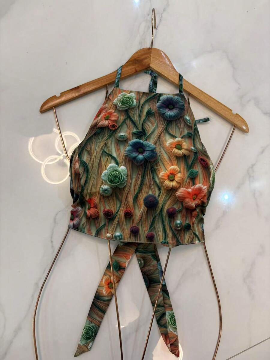 Cropped Floral Color Block Casual Elegant Party Backless Women's New 3D Print - Dark Green - View 1