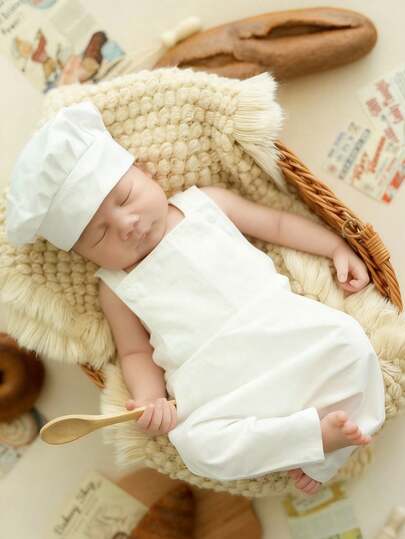Newborn Photography Costume Chef Outfit, White & Black, Baby Photo Prop Chef Hat & Overalls Set, Infant Growth Memento