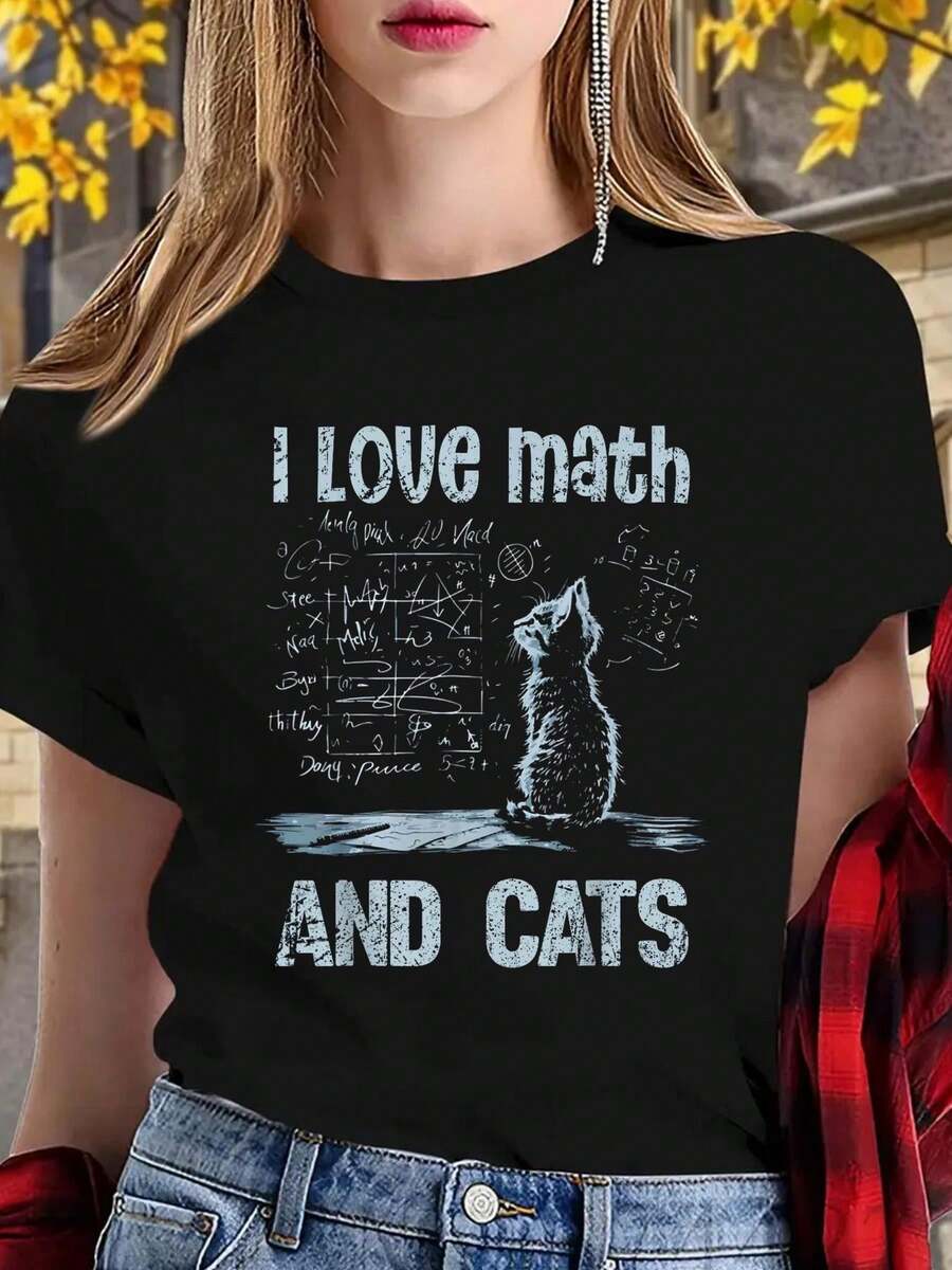 100% Cotton I Love Math And Cats Funny Cat Lover Science Teacher Student Men Women Kids T-Shirt Print Cotton T-Shirt For Summer, Women's Soft Short Sleeve Top, Stylish Comfy Tee For Women Graphic Tees - màu đen - Xem 1