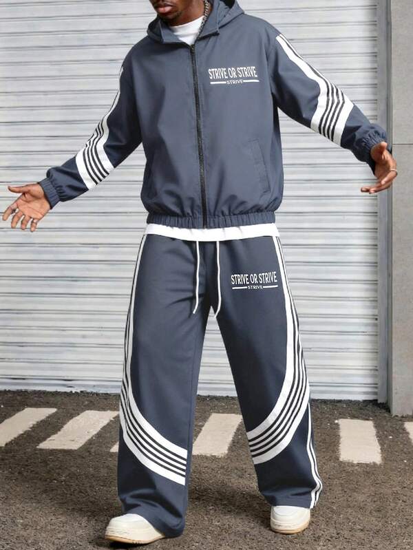 1 Set Men's Casual Sports Hooded Jacket, Long Sleeve Outerwear & Straight Leg Drawstring Pants, Colorblock Striped Print, Spring/Autumn