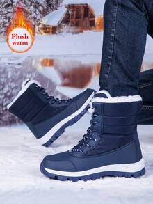 Men's Casual Snow Boots, Hiking Shoes, Outdoor Shoes, Warm Anti-Slip Wind-Resistant High-Top Lace-Up Boots With Fluffy Lining, Suitable For Outdoor Walking, Running, Hiking, Autumn/Winter Season - Blue - View 2