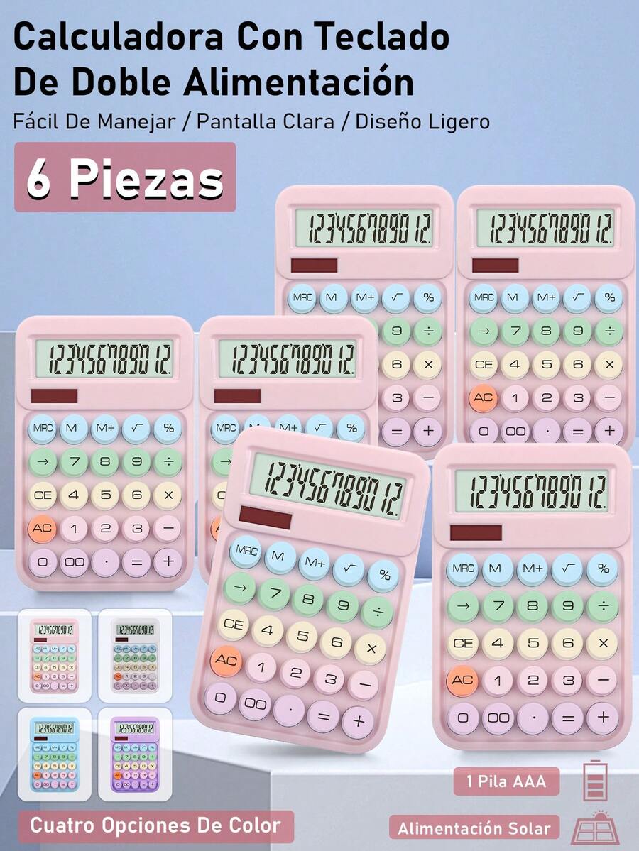 2/4/6  Pieza Calculadora De Escritorio Mecánica Con Teclado Mecánico De Colores Claros, Calculadora De Oficina 12 Dígitos Pantalla Grande. Doble Suministro De Energía (batería Solar + Batería)
