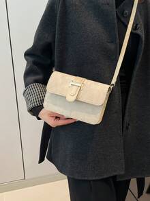 1个迷你纯色方形包，金属扣装饰，仿麂皮PU可调节肩带，女士翻盖斜挎包，适合日常使用、购物、约会 - 米色 - 查看 2
