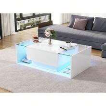 *50*31cm Coffee Table, Coffee Table With 1 Drawer And LED Light Bar, Side Table Made Of Tempered Glass, High-Gloss Sofa Table, Black Living Room Table With Minimalist Design - White + Particle Board - View 3