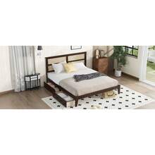King Size Bed With Rattan Headboard In Espresso, Rubber Wood Platform Bed With 2 Storage Drawers, Enhanced Support Slats & Reinforced Feet (Mattress Not Included) - Espresso + Gỗ cao su + King - Xem 11