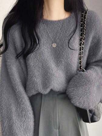 女式纯色马海毛圆领毛衣，秋冬